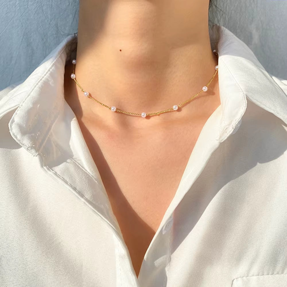 DAXI Beaded Choker Pearl Necklace for Women Gold Color Chain Necklace Pendant Collar Choker Chain Bead Necklace Vintage Jewelry