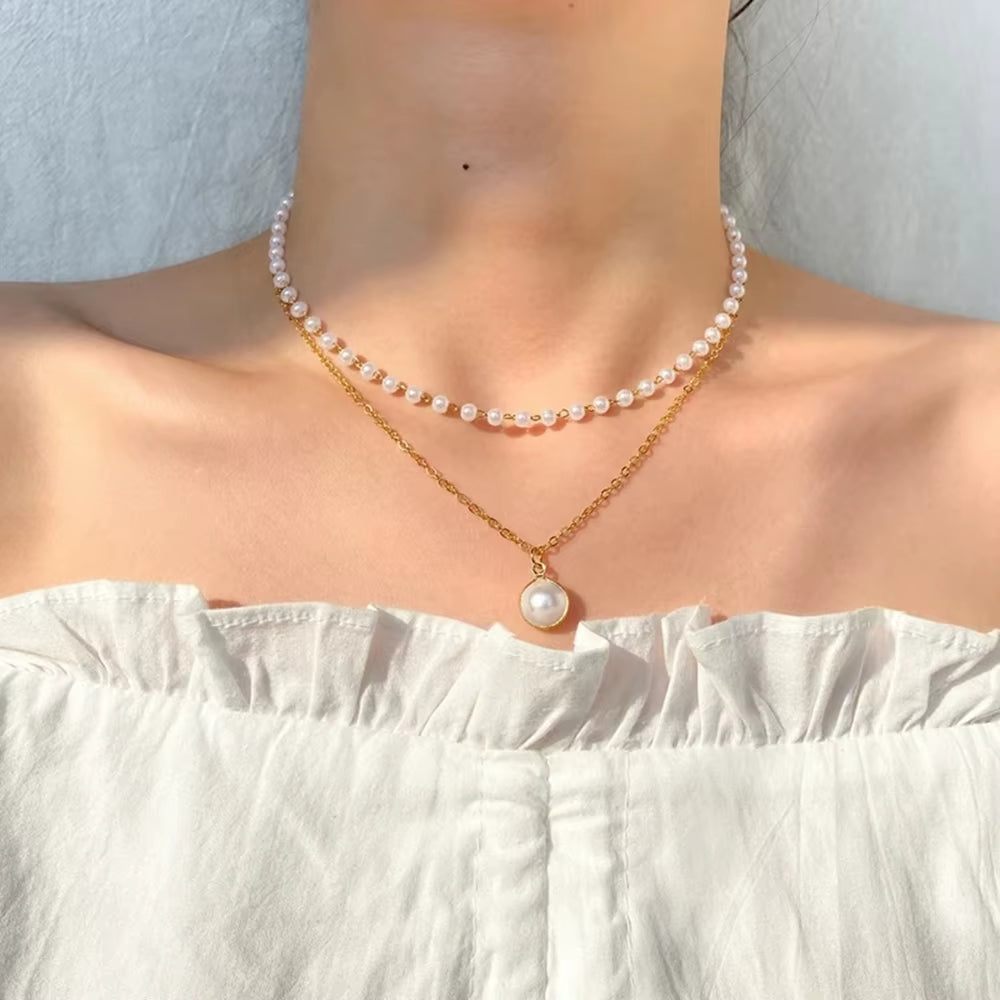 DAXI Beaded Choker Pearl Necklace for Women Gold Color Chain Necklace Pendant Collar Choker Chain Bead Necklace Vintage Jewelry