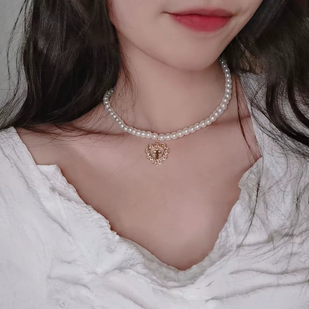 DAXI Beaded Choker Pearl Necklace for Women Gold Color Chain Necklace Pendant Collar Choker Chain Bead Necklace Vintage Jewelry