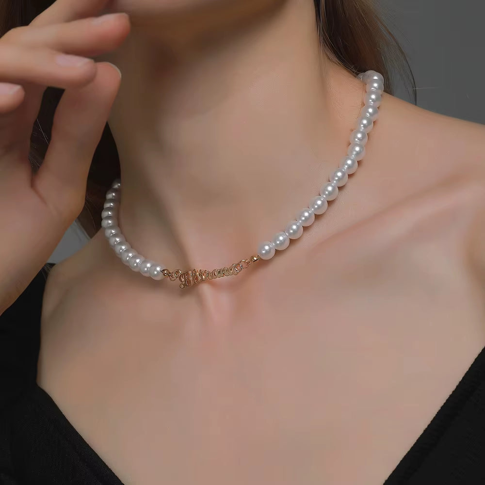 DAXI Beaded Choker Pearl Necklace for Women Gold Color Chain Necklace Pendant Collar Choker Chain Bead Necklace Vintage Jewelry