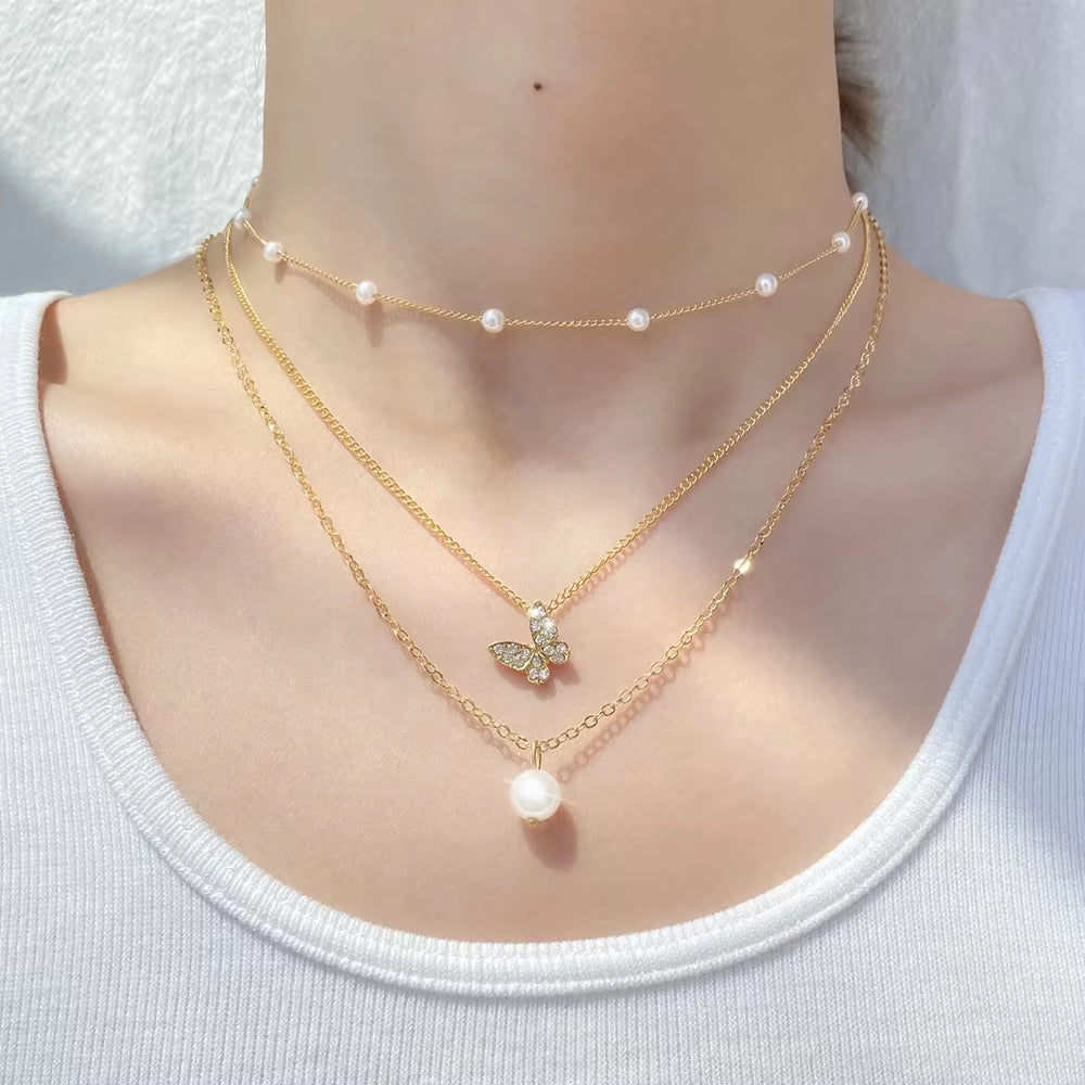 DAXI Beaded Choker Pearl Necklace for Women Gold Color Chain Necklace Pendant Collar Choker Chain Bead Necklace Vintage Jewelry